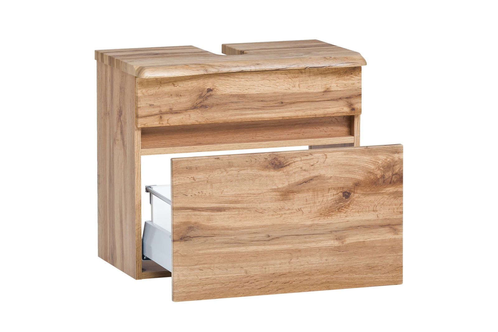 Waschbeckenunterschrank aus Holz mit geöffneter Schublade, Frontansicht