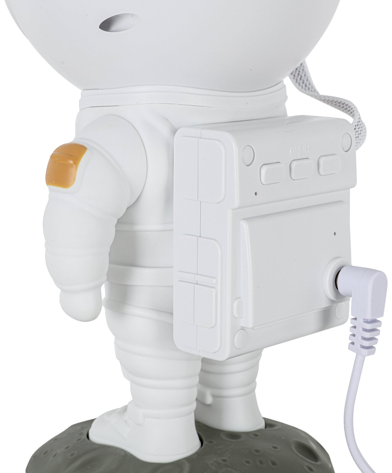 Rückansicht einer LED-Dekoleuchte in Form eines Astronauten mit Rucksack und Kabelanschluss.