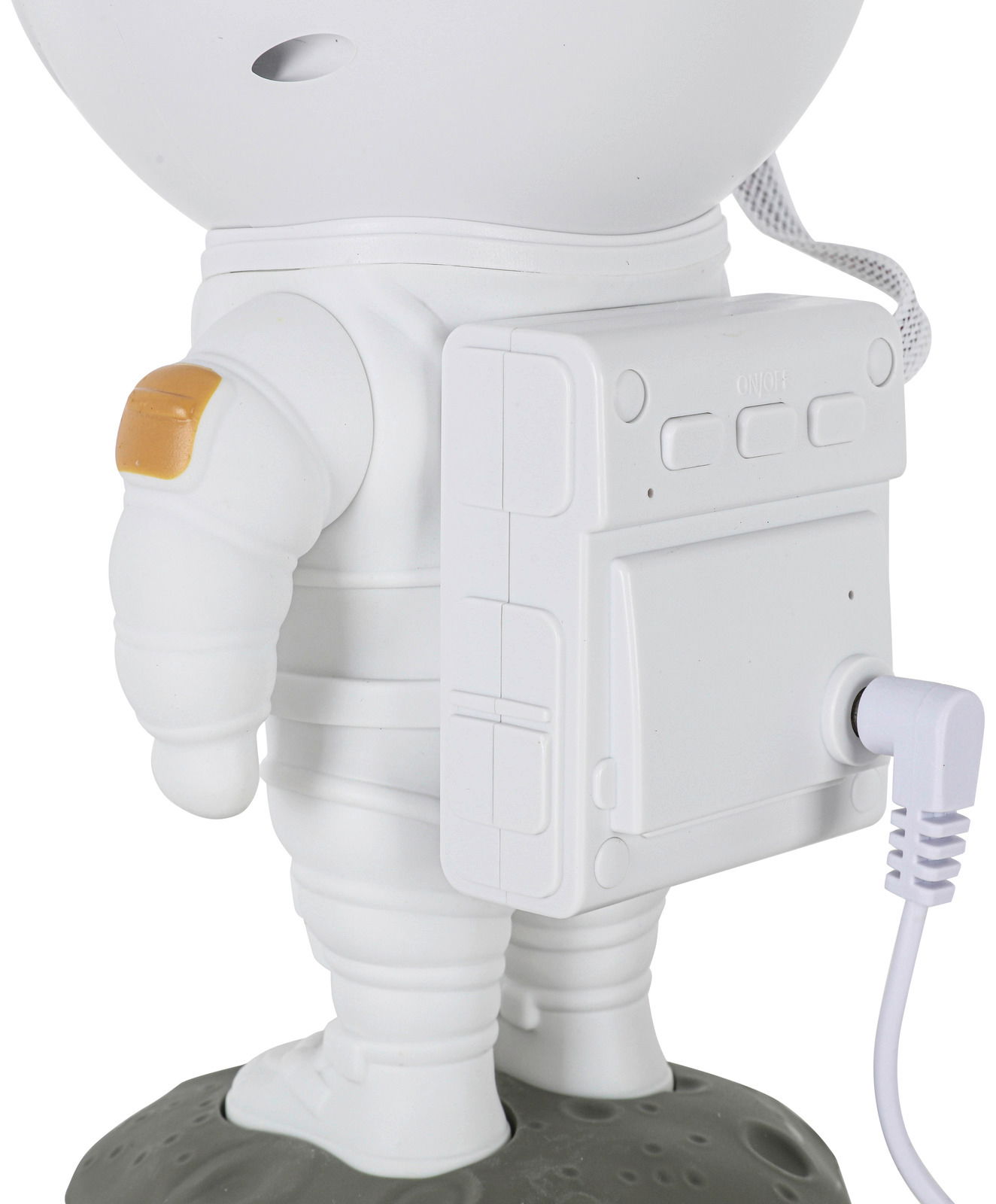 Rückansicht einer LED-Dekoleuchte in Form eines Astronauten mit Rucksack und Kabelanschluss.