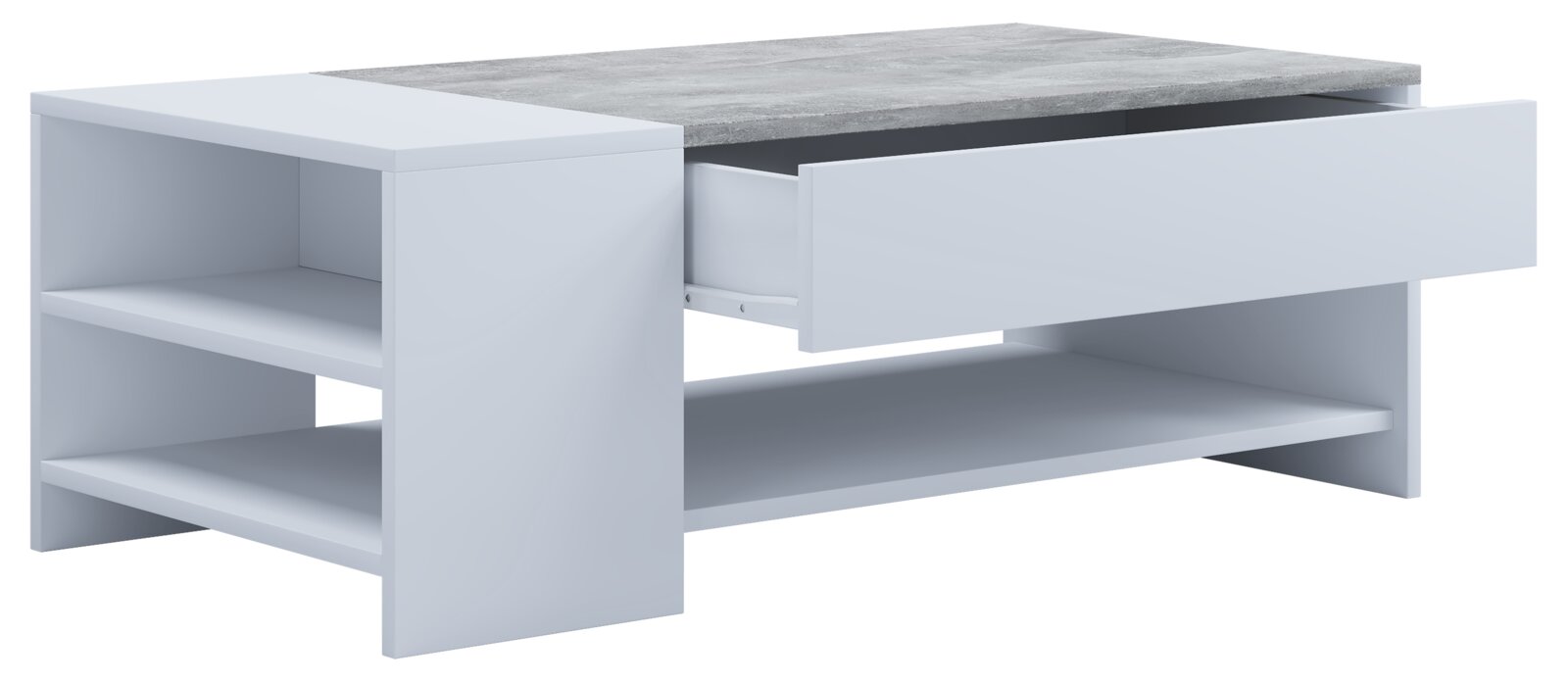 Weißer Couchtisch mit Betonoptik-Tischplatte, offener Schublade, seitlichen Ablagefächern und großem unteren Regal, Ansicht schräg von vorn