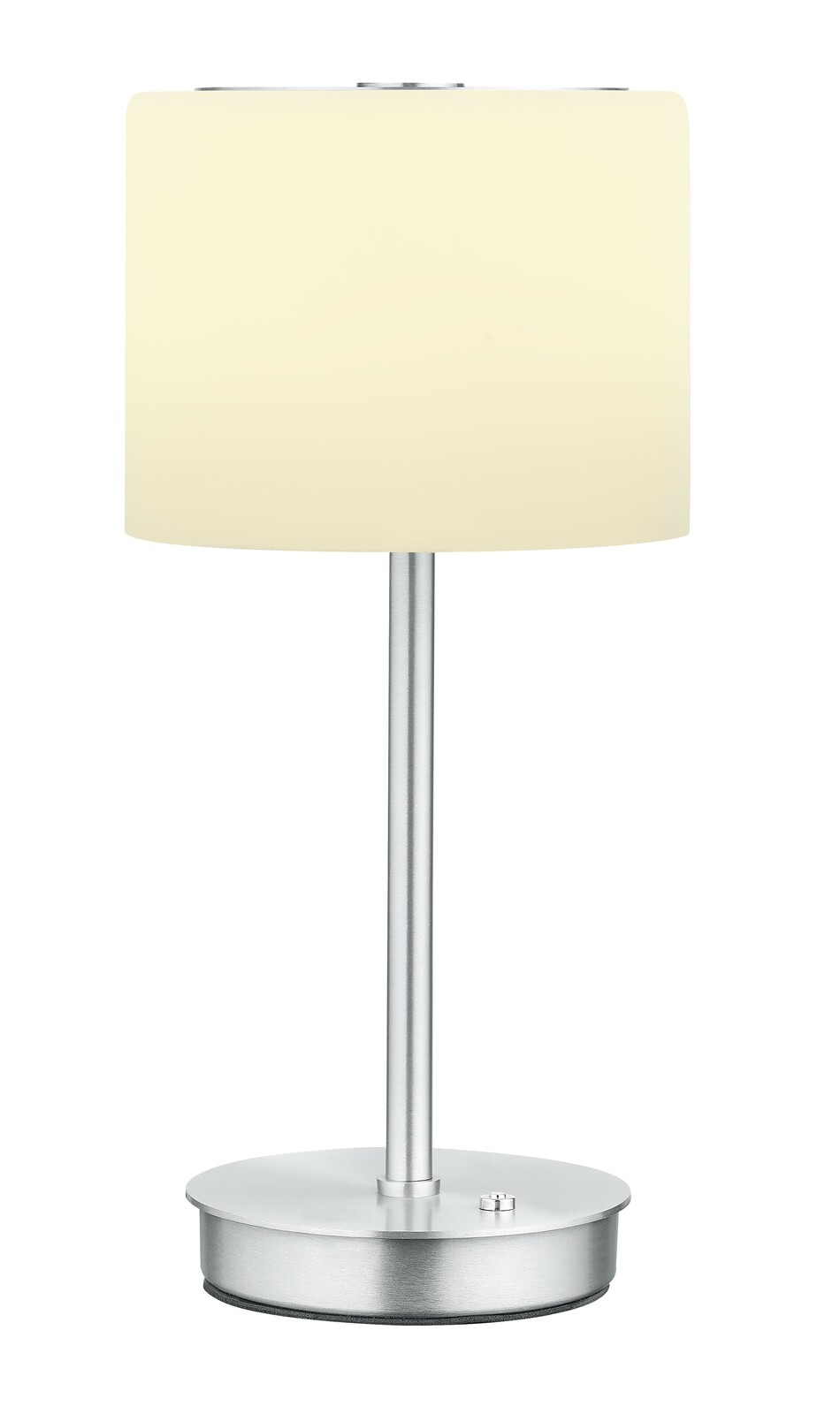 LED-Tischleuchte mit silbernem Standfuß und cremefarbenem Lampenschirm, frontal betrachtet