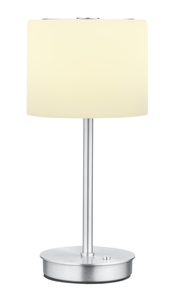 LED-Tischleuchte mit silbernem Standfuß und cremefarbenem Lampenschirm, frontal betrachtet