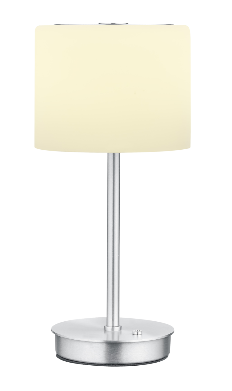 LED-Tischleuchte mit silbernem Standfuß und cremefarbenem Lampenschirm, frontal betrachtet