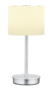 LED-Tischleuchte mit silbernem Standfuß und cremefarbenem Lampenschirm, frontal betrachtet