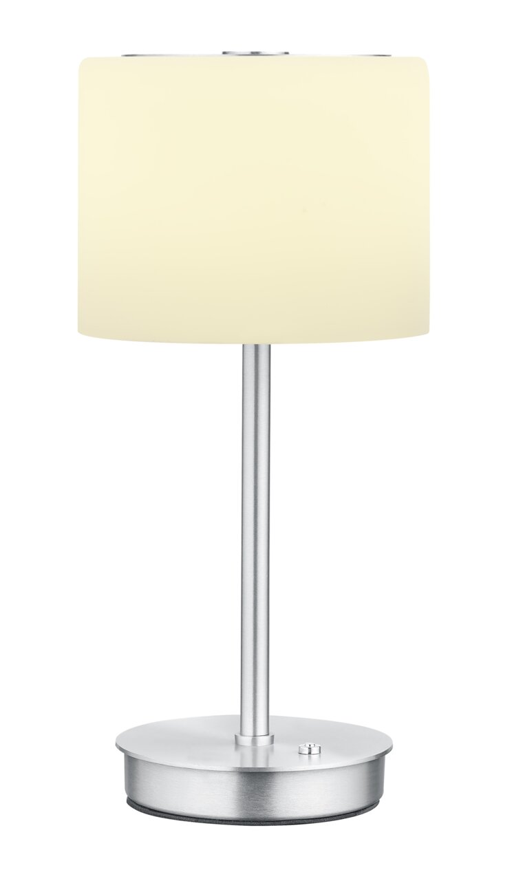 LED-Tischleuchte mit silbernem Standfuß und cremefarbenem Lampenschirm, frontal betrachtet