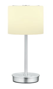 LED-Tischleuchte mit silbernem Standfuß und cremefarbenem Lampenschirm, frontal betrachtet