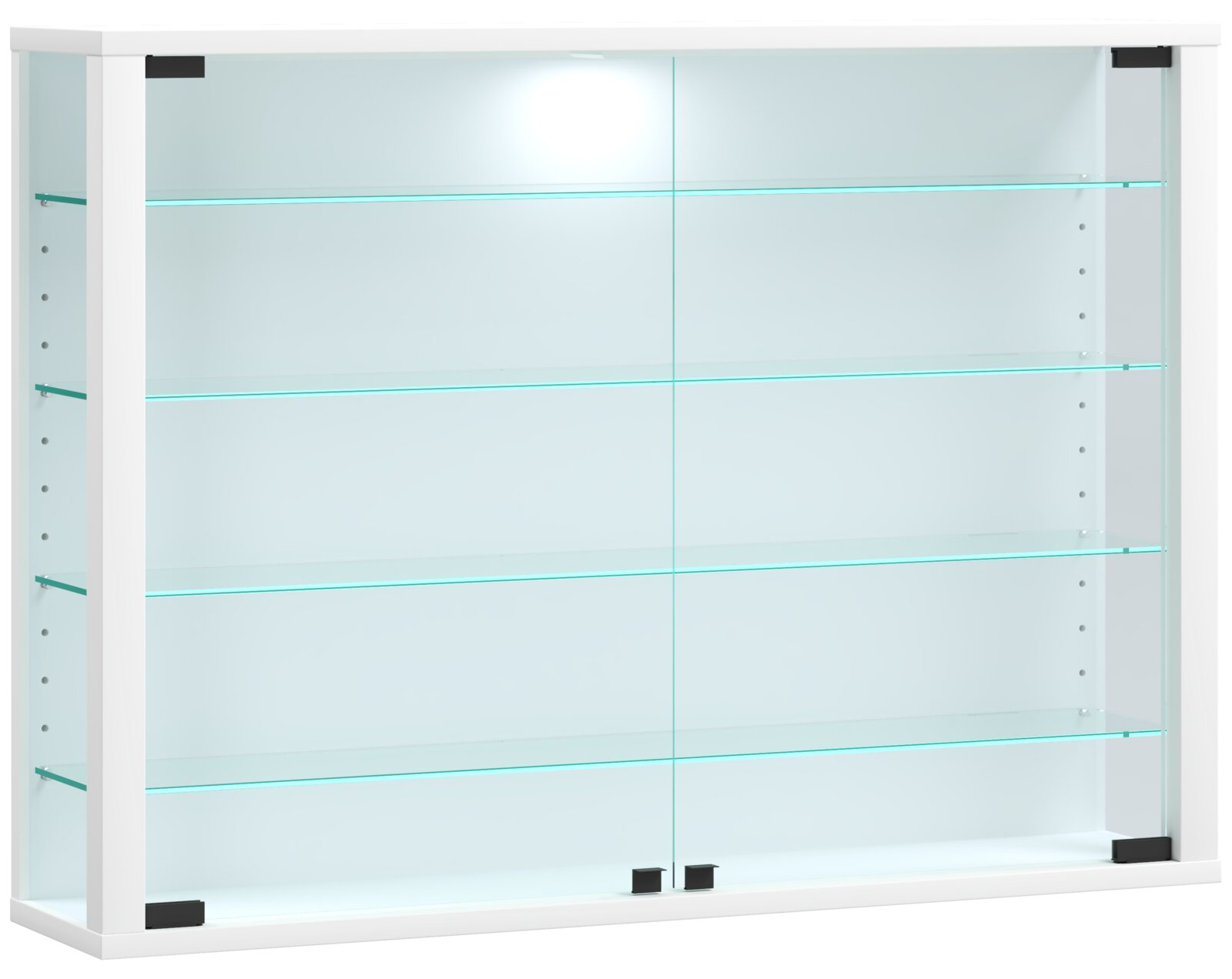 Weißer Badezimmerschrank mit zwei Glas-Spiegeltüren und mehreren Glasablagen, frontale Ansicht.