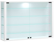 Weißer Badezimmerschrank mit zwei Glas-Spiegeltüren und mehreren Glasablagen, frontale Ansicht.