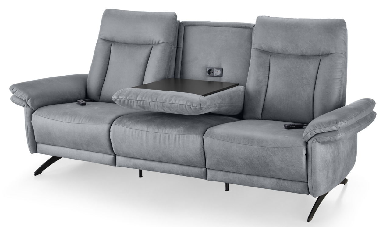 Graues 3-Sitzer-Sofa mit integrierter Mittelkonsole und Steckdosen, Frontalansicht