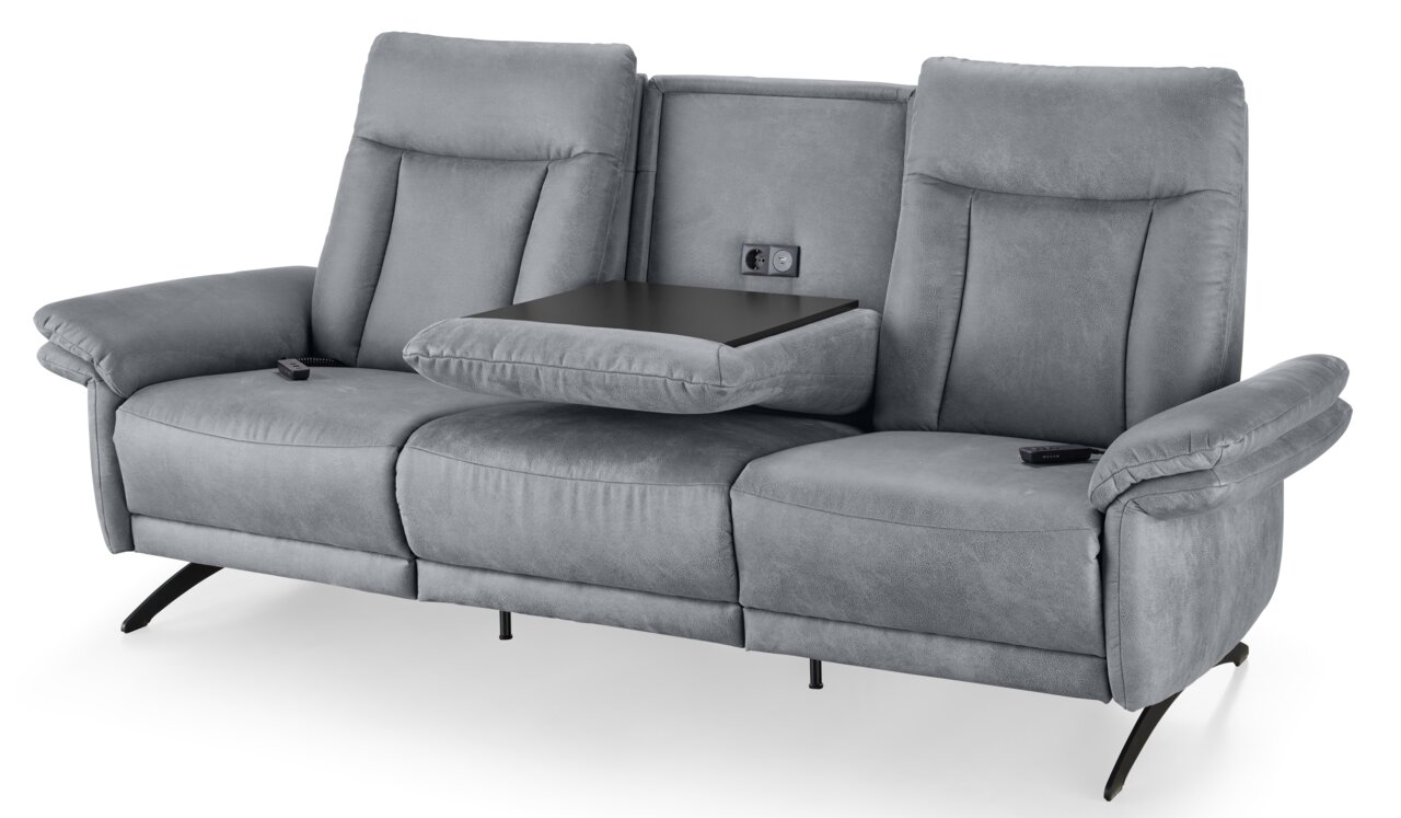 Graues 3-Sitzer-Sofa mit integrierter Mittelkonsole und Steckdosen, Frontalansicht