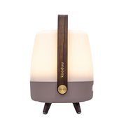 Frontansicht einer tragbaren Lampe mit Holzgriff und modernem Design, leuchtend in warmem Licht.