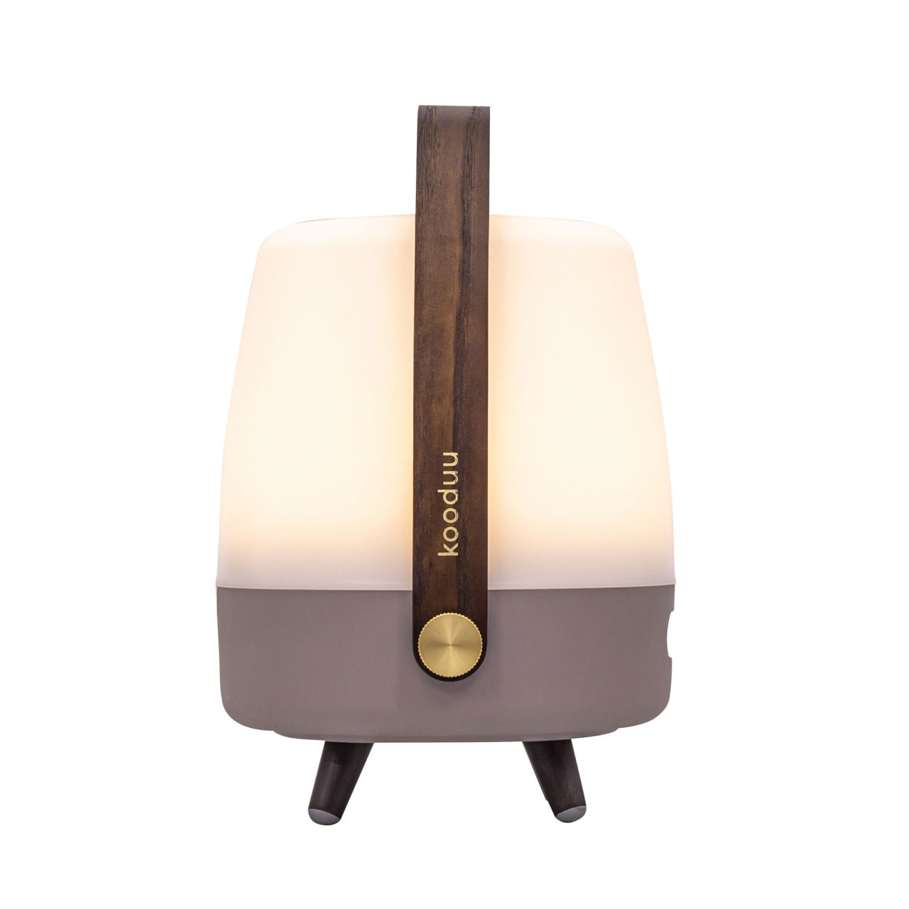 Frontansicht einer tragbaren Lampe mit Holzgriff und modernem Design, leuchtend in warmem Licht.