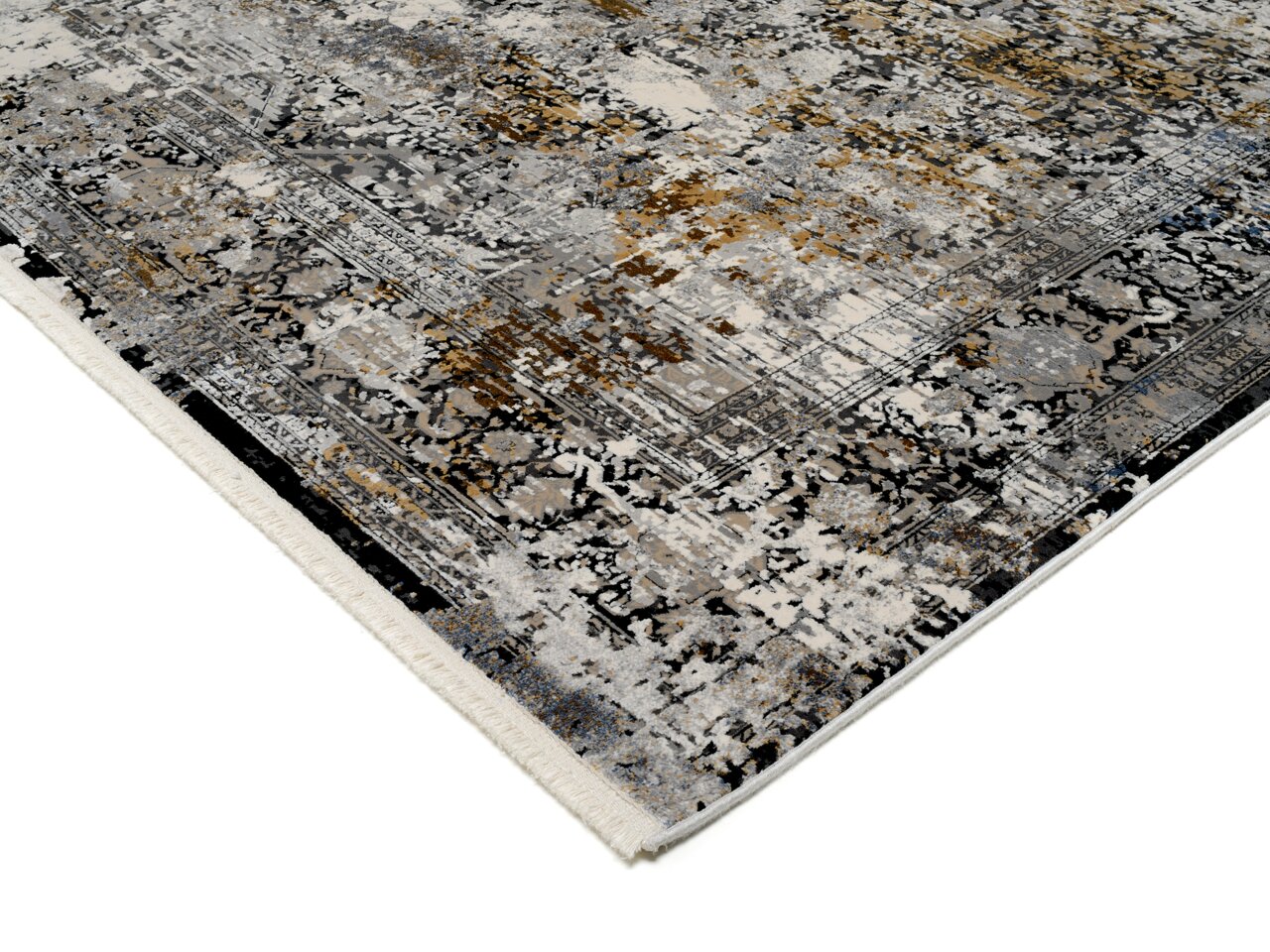 Designer Teppich mit abstraktem Muster in Grau-, Schwarz- und Goldtönen, perspektivisch von der Seite aufgenommen.