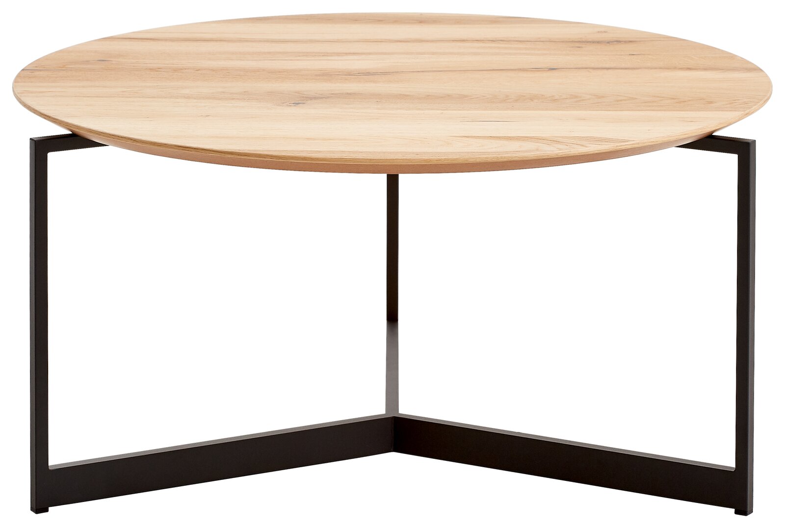 Runder Couchtisch mit Holzplatte und schwarzem Metallgestell, seitliche Perspektive