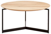Runder Couchtisch mit Holzplatte und schwarzem Metallgestell, seitliche Perspektive