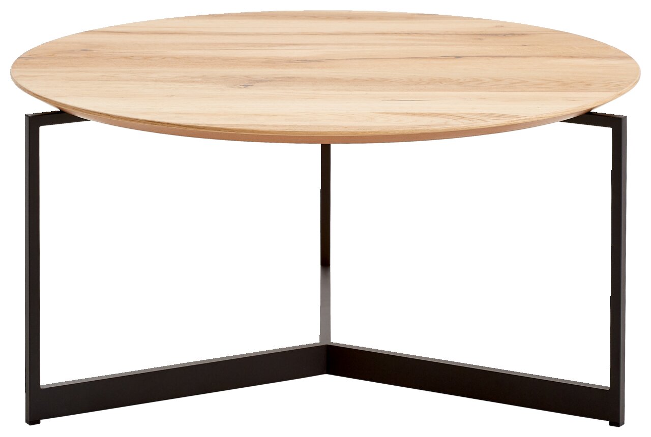 Runder Couchtisch mit Holzplatte und schwarzem Metallgestell, seitliche Perspektive