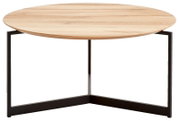 Runder Couchtisch mit Holzplatte und schwarzem Metallgestell, seitliche Perspektive