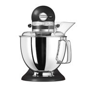 Küchenmaschine Guss Schwarz, Vorderansicht, mit polierter Edelstahlschüssel und schwarzem Gehäuse.
