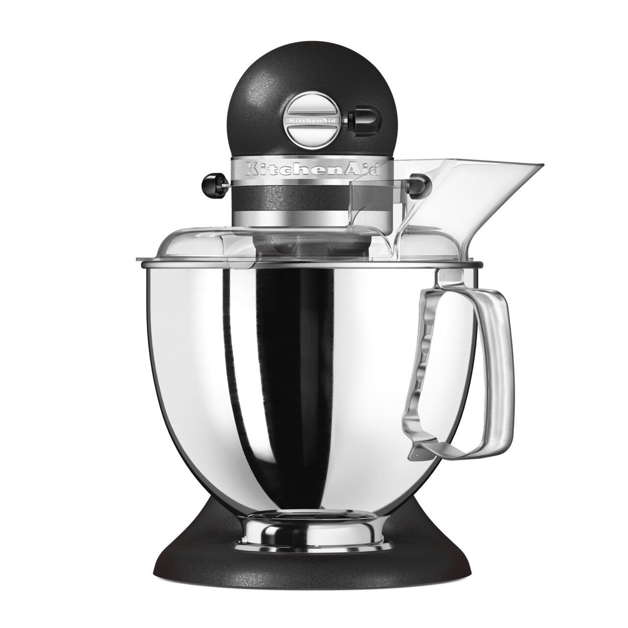 Küchenmaschine Guss Schwarz, Vorderansicht, mit polierter Edelstahlschüssel und schwarzem Gehäuse.