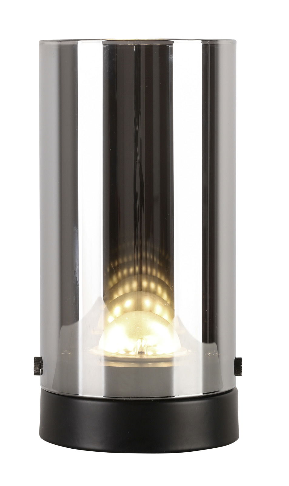 Zylindrische LED-Tischleuchte mit transparentem Glas und schwarzem Sockel, frontal betrachtet.