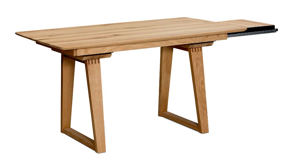 Moderner Esstisch aus Holz mit erweiterbarer Tischplatte, seitliche Perspektive