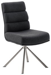 Moderner, dunkelgrauer Stuhl mit gepolsterter Rückenlehne und vierbeiniger Metallbasis, seitliche Perspektive