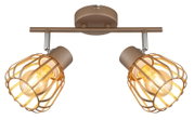 Moderne Deckenleuchte mit zwei verstellbaren Spotköpfen, Metallkäfig-Schirmen in Gold/Bronze und warm leuchtenden Glühbirnen, Frontansicht