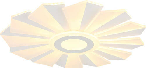 Moderne LED-Deckenleuchte in Blütenform, von unten betrachtet, mit warmweißem Licht.