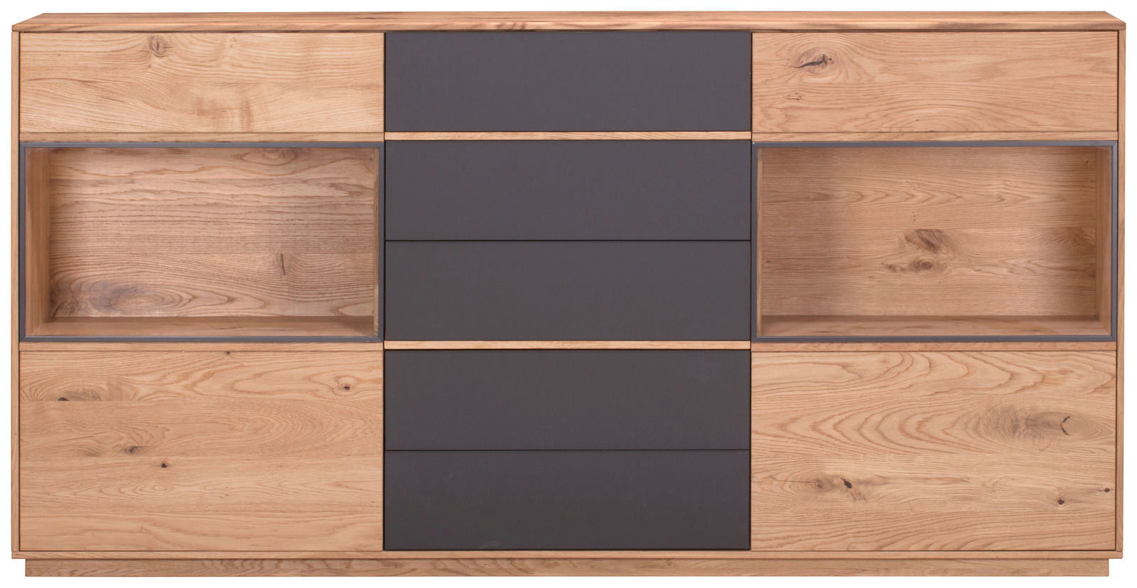 Waldwelt Sideboard 2-türig AVANTI Frontale Ansicht eines modernen, zweifarbigen Sideboards mit zwei Türen und offenen Fächern, aus Holz und dunklen Elementen.