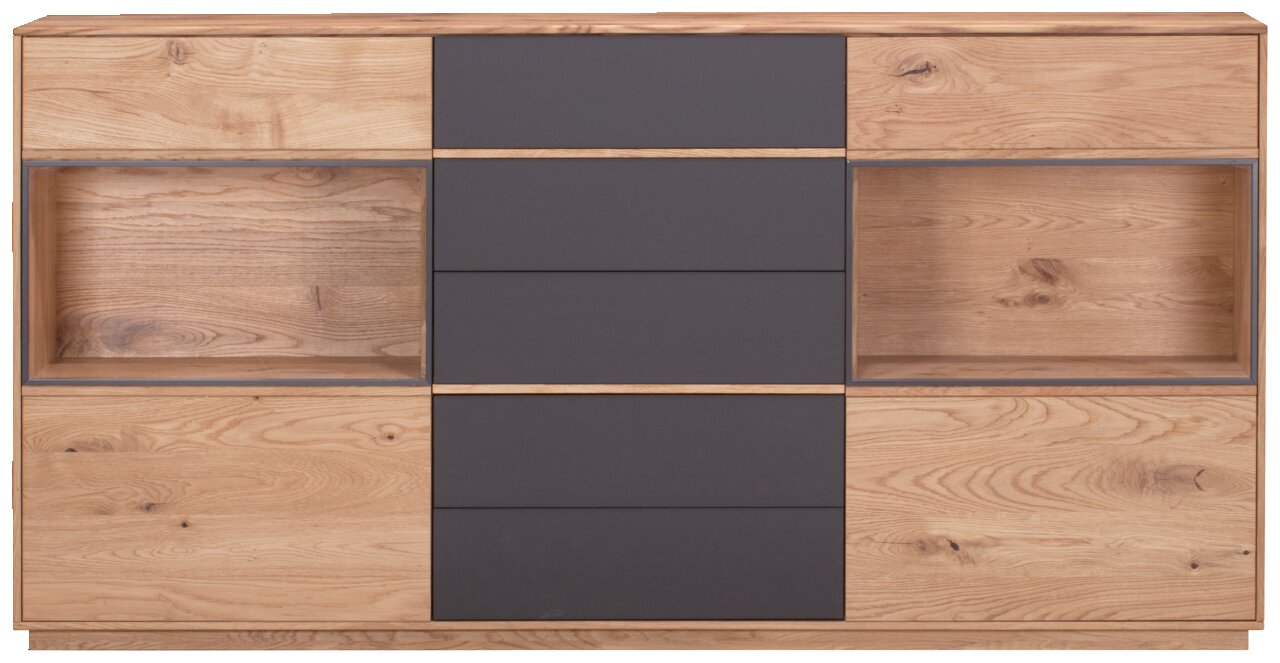 Frontale Ansicht eines modernen, zweifarbigen Sideboards mit zwei Türen und offenen Fächern, aus Holz und dunklen Elementen.