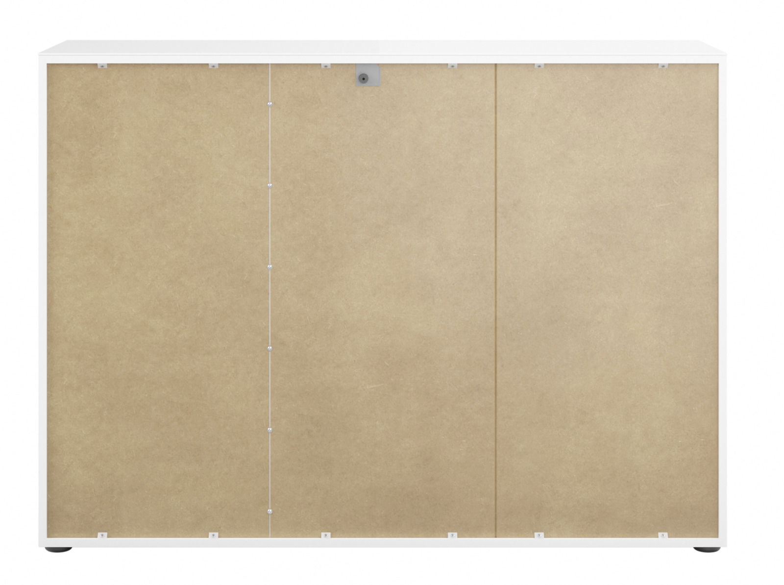 Rückansicht eines Sideboards mit weißem Rahmen und brauner Rückwand.