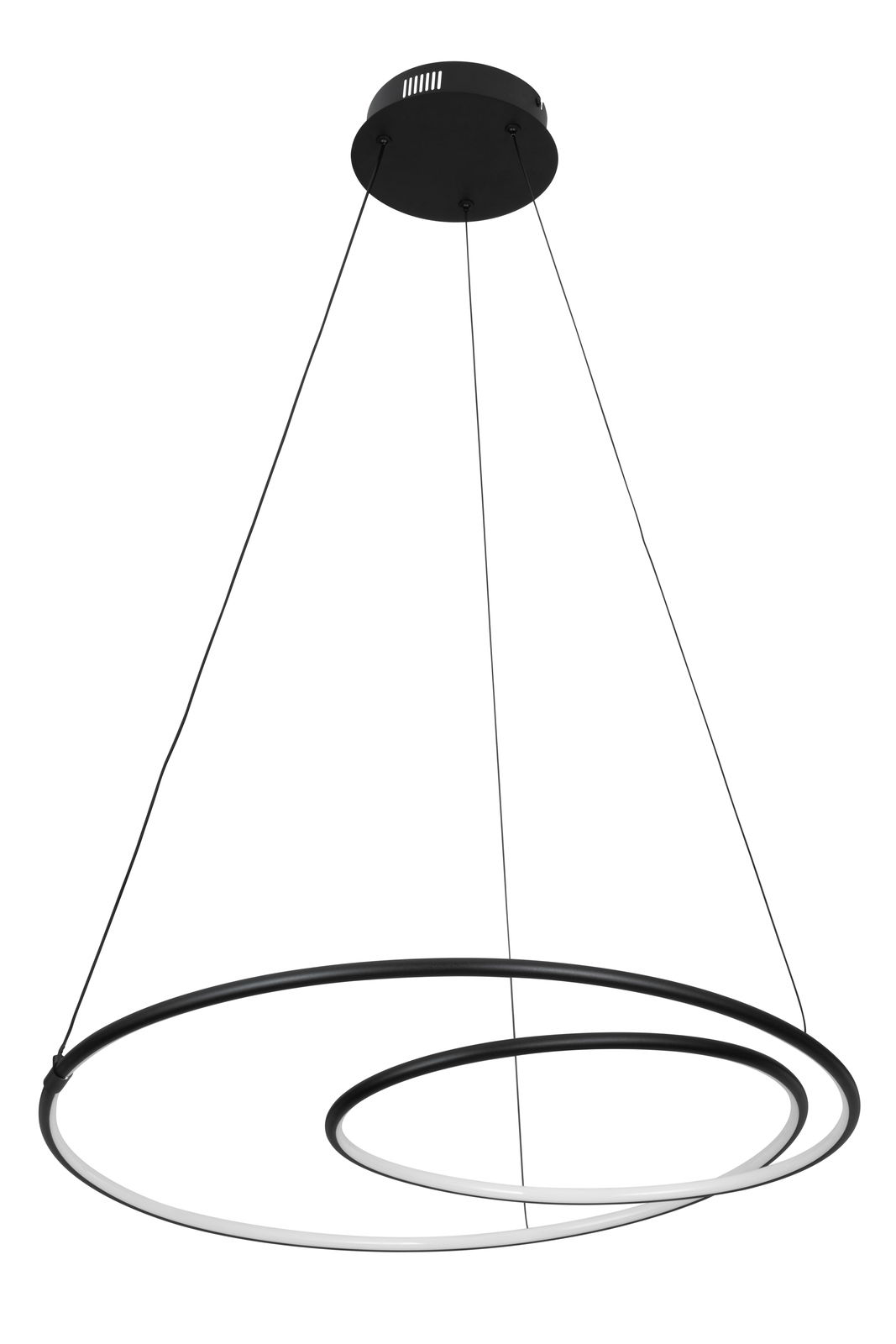 Moderne LED-Hängeleuchte mit zwei ineinander verschlungenen Ringen, seitliche Perspektive
