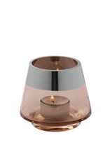 Teelichthalter aus Glas in Sandfarbe mit brennendem Teelicht, seitliche Perspektive