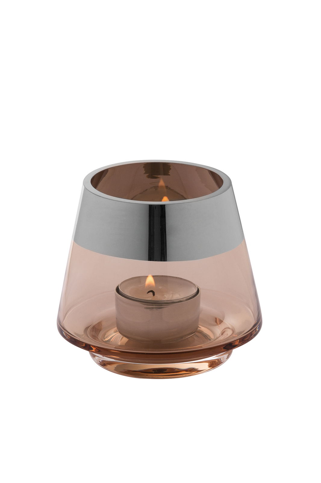 Teelichthalter aus Glas in Sandfarbe mit brennendem Teelicht, seitliche Perspektive