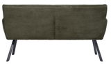 Rückansicht einer olivgrünen Sitzbank mit geripptem Stoffbezug und schwarzen Metallbeinen.