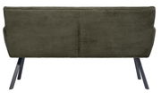 Rückansicht einer olivgrünen Sitzbank mit geripptem Stoffbezug und schwarzen Metallbeinen.