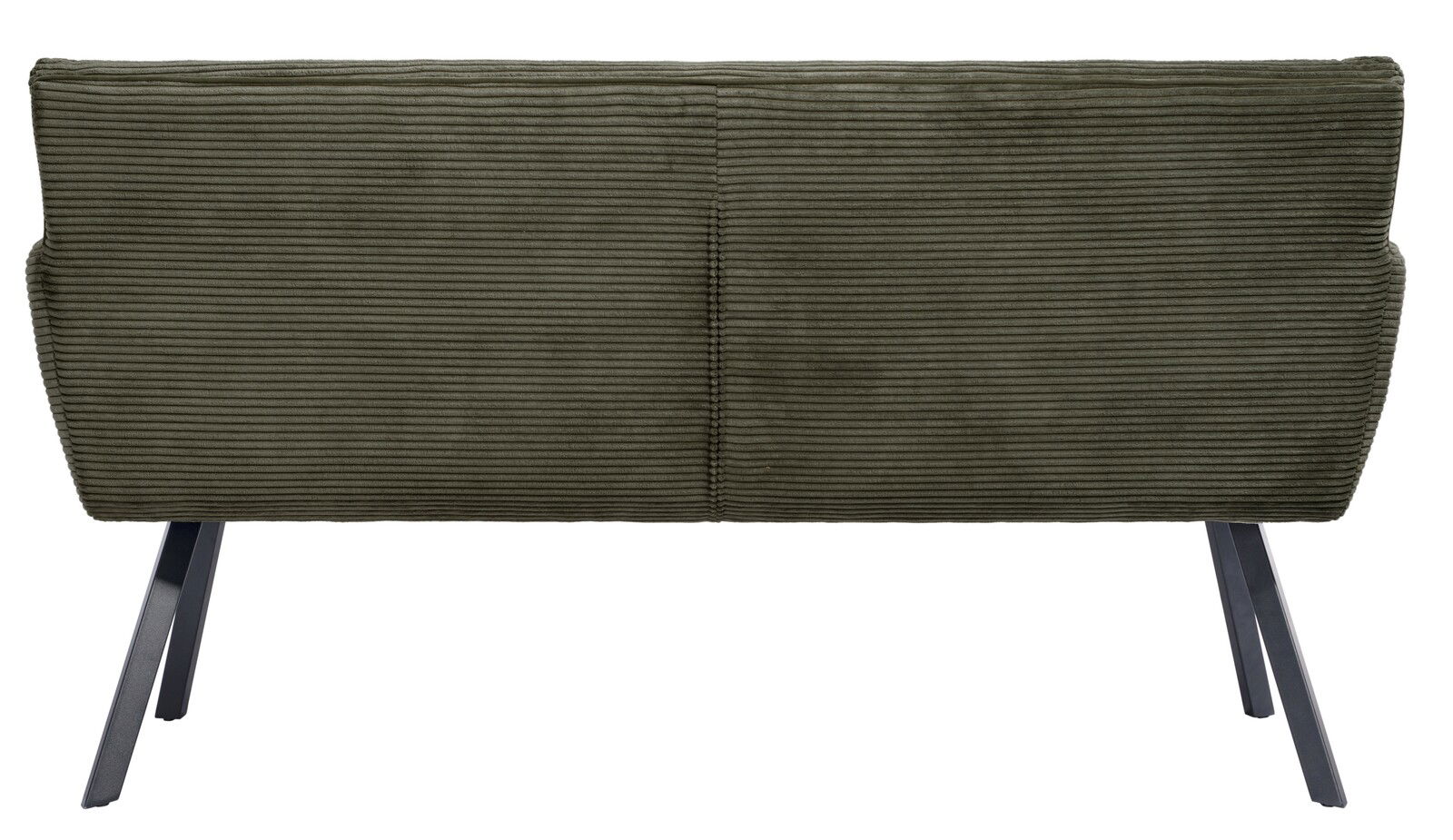 Rückansicht einer olivgrünen Sitzbank mit geripptem Stoffbezug und schwarzen Metallbeinen.