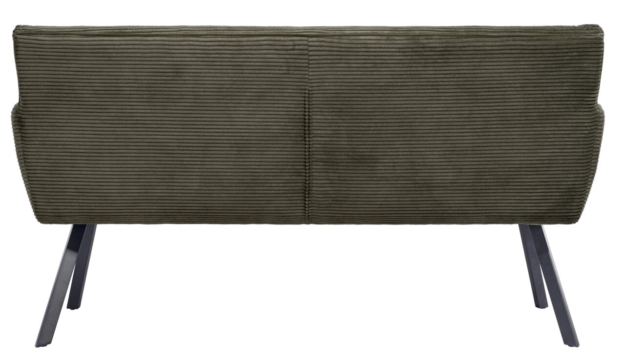 Rückansicht einer olivgrünen Sitzbank mit geripptem Stoffbezug und schwarzen Metallbeinen.