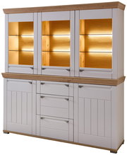 Buffetschrank mit weißem Korpus und Holzdetails, beleuchtete Glasvitrinen, Frontalansicht