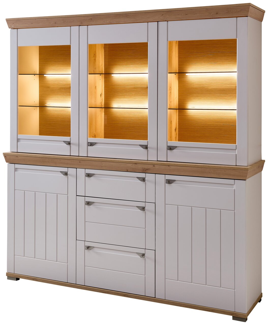Buffetschrank mit weißem Korpus und Holzdetails, beleuchtete Glasvitrinen, Frontalansicht