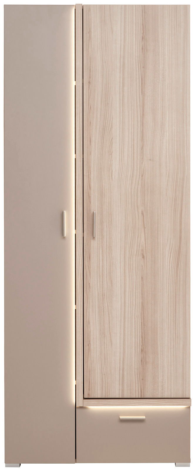 Frontansicht eines modernen Garderobenschranks mit Holzoptik und integrierter Beleuchtung.