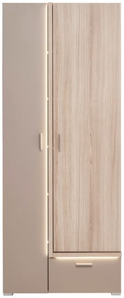 Frontansicht eines modernen Garderobenschranks mit Holzoptik und integrierter Beleuchtung.