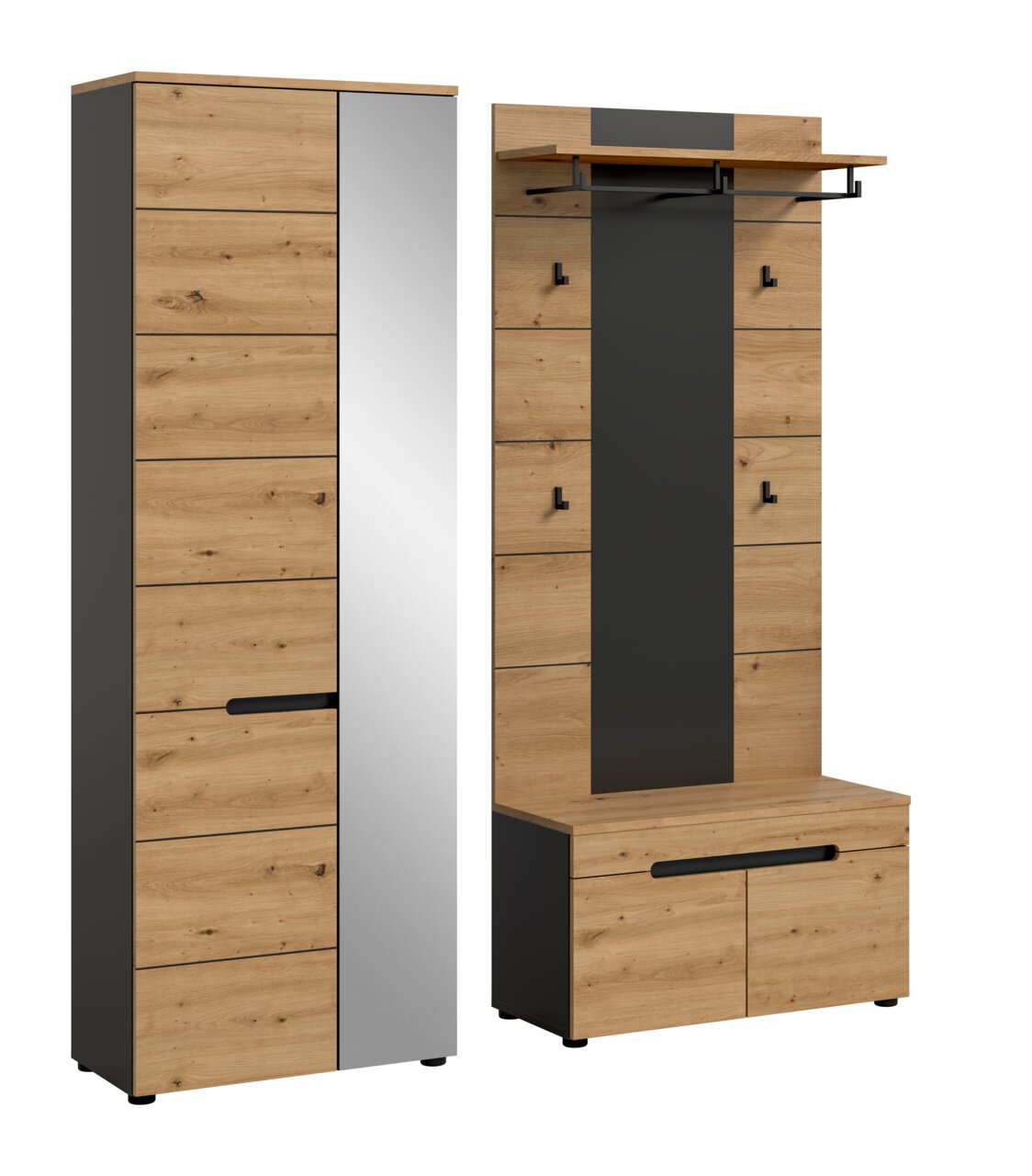 Moderne Garderobenmöbel in Eiche-Optik mit schwarzen Akzenten: links hoher Schrank mit Spiegel-Front, rechts Garderobenpaneel mit Hutablage, Kleiderstange, Haken und Schuhbank mit Stauraum, gezeigt in frontaler Ansicht mit leichter Seitenperspektive.