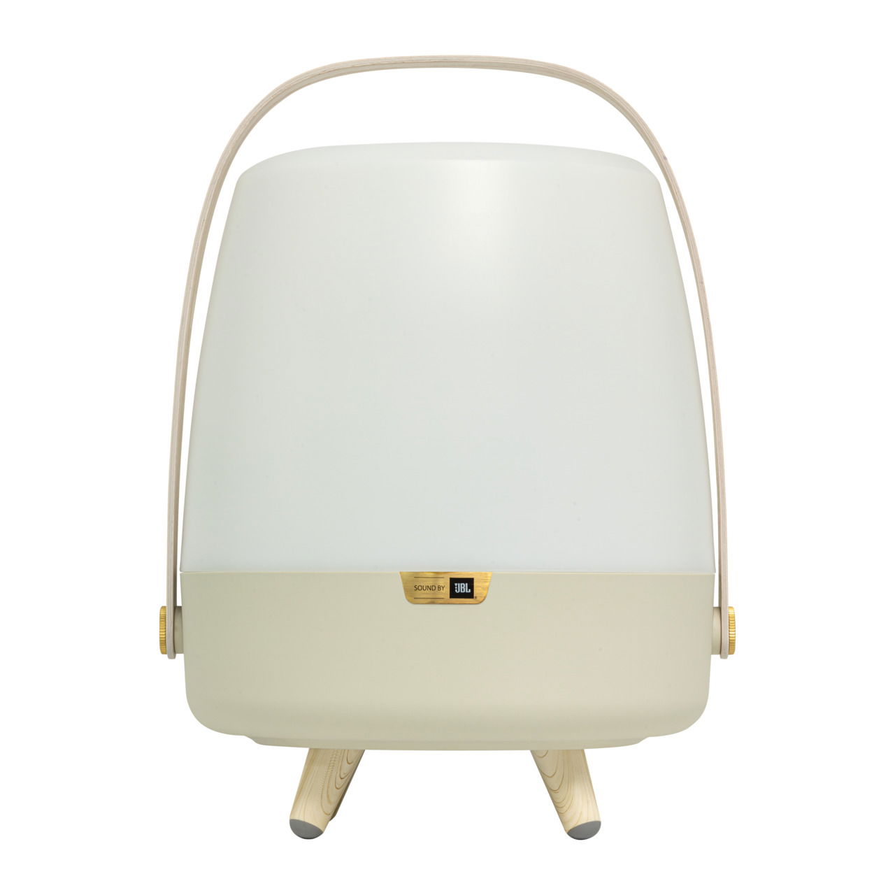 Frontansicht einer tragbaren Lampe mit integriertem JBL-Lautsprecher, cremefarbenes Gehäuse und Holzfüße.