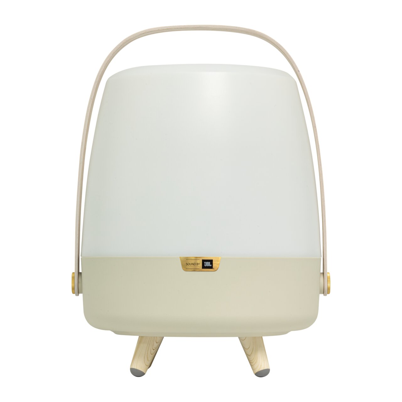 Frontansicht einer tragbaren Lampe mit integriertem JBL-Lautsprecher, cremefarbenes Gehäuse und Holzfüße.