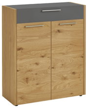 Moderner Schuhschrank aus Holz mit grauer Schublade, Frontalansicht