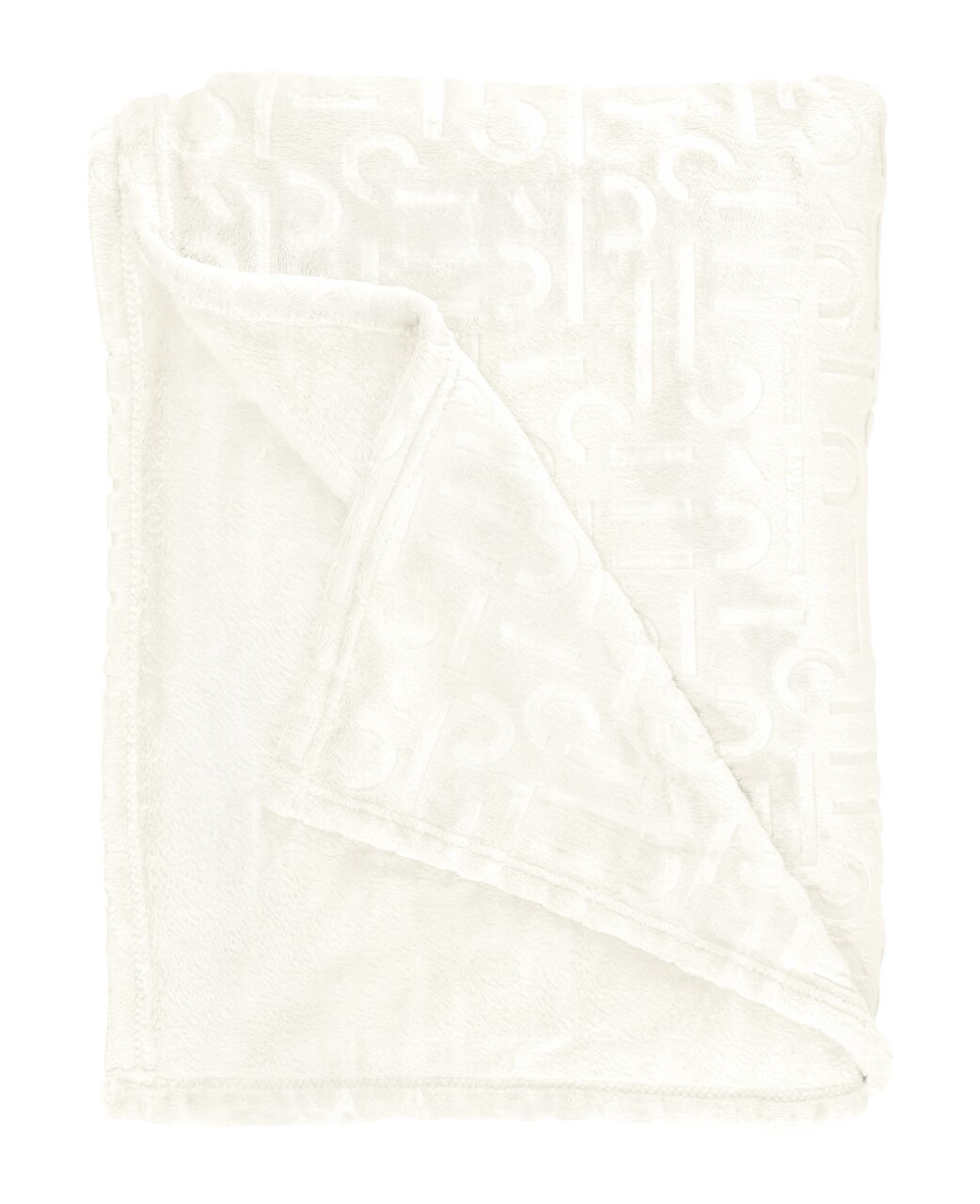 Weißes Plaid 220x240cm mit eingeprägtem Muster, ausgebreitet und teilweise gefaltet, Draufsicht