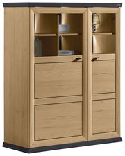 Hochwertiges Highboard aus Holz mit Glasvitrinen und Regalfächern, seitliche Perspektive