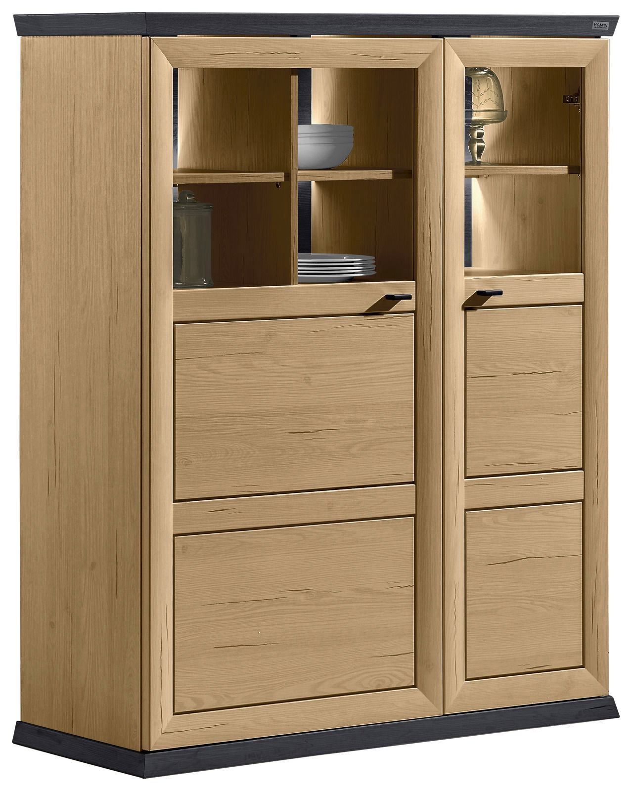 Hochwertiges Highboard aus Holz mit Glasvitrinen und Regalfächern, seitliche Perspektive