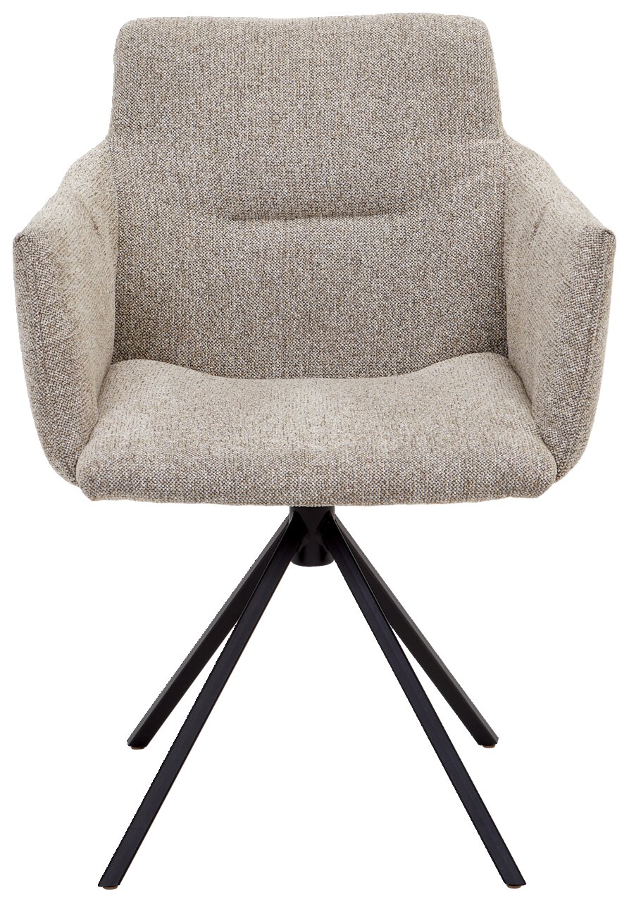 Moderne fauteuil met beige stoffen bekleding en zwart metalen frame, vooraanzicht